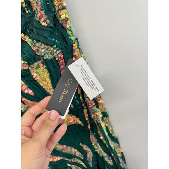 City Studio Dress‎ Juniors' Sequin One-Shoulder Slit Gown Size 8 Green Gold NWT - Picture 11 of 12